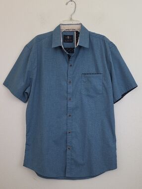 Craft + Flow Blue w/Double Yellow Dots Short Sleeve Cotton Blend Button Shirt M